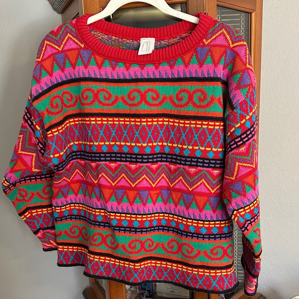 Colorful Geometric Crewneck Sweater - Multicolor Red